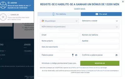 Registo E-mail 1xbet